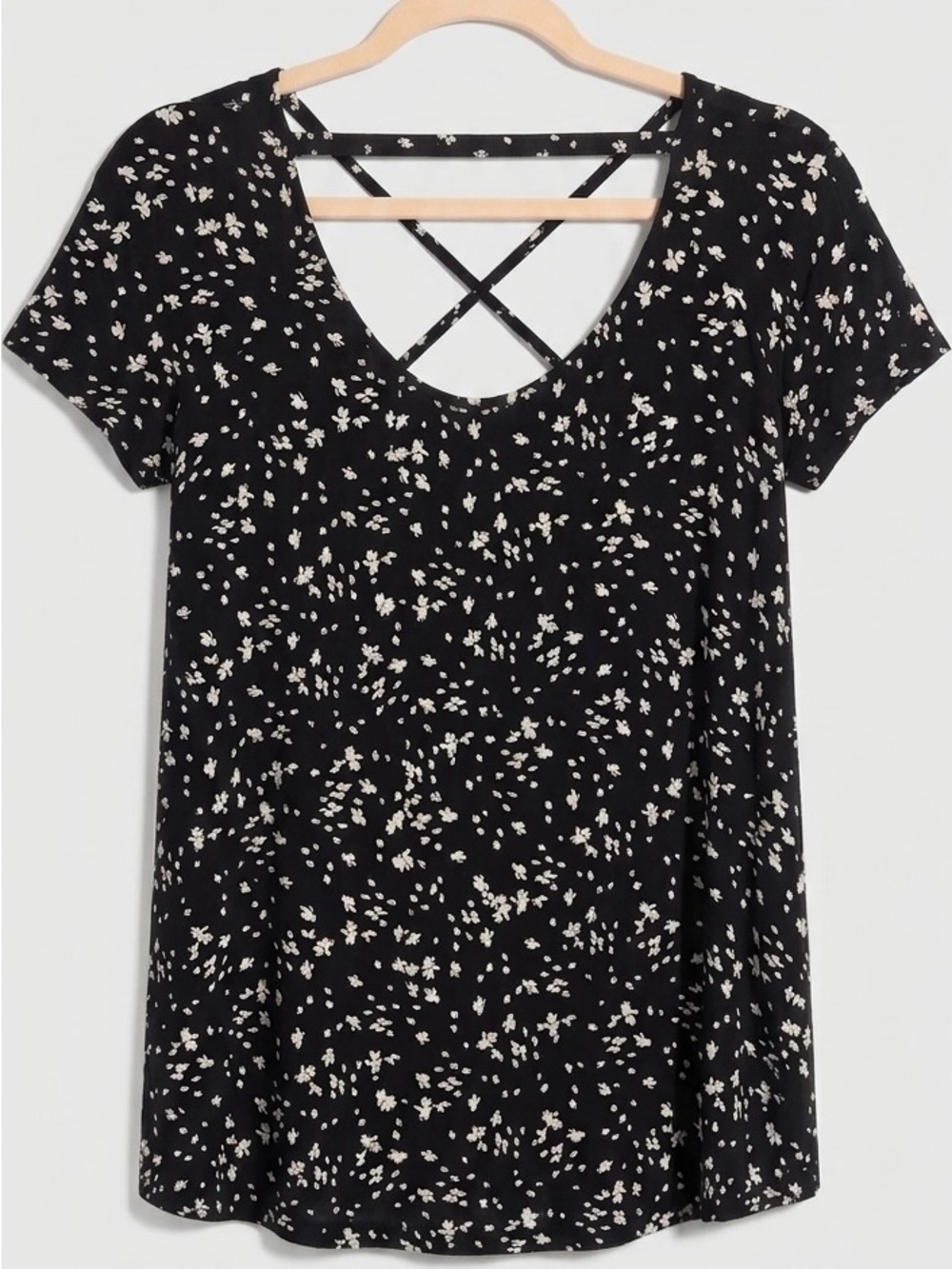 Maurices Crisscross Black Floral Short Sleeve blouse